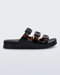 Slides*Melissa Cozy Stripes Black/Clear Tortoise